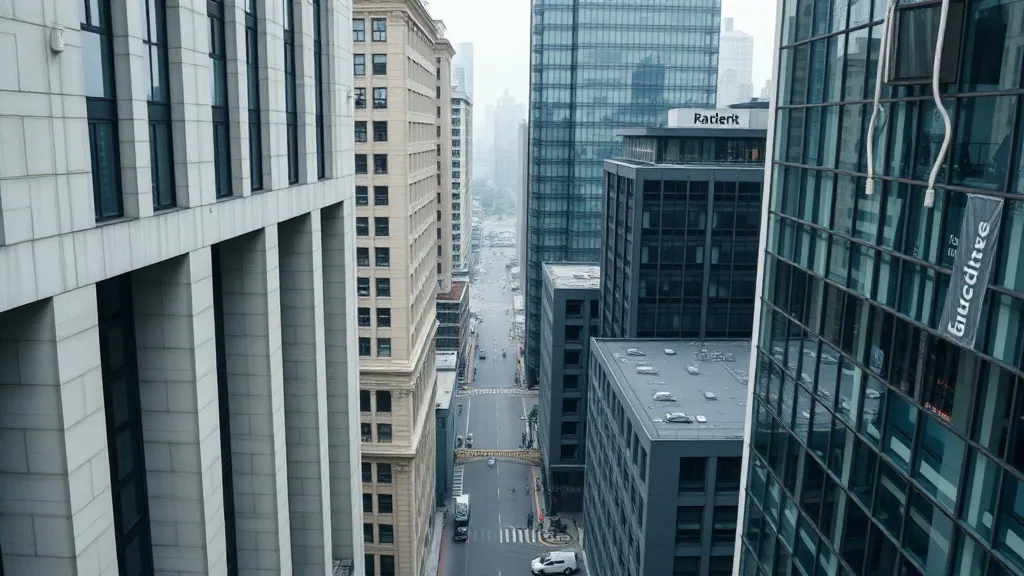 A professional high-angle shot of a modern financial distric